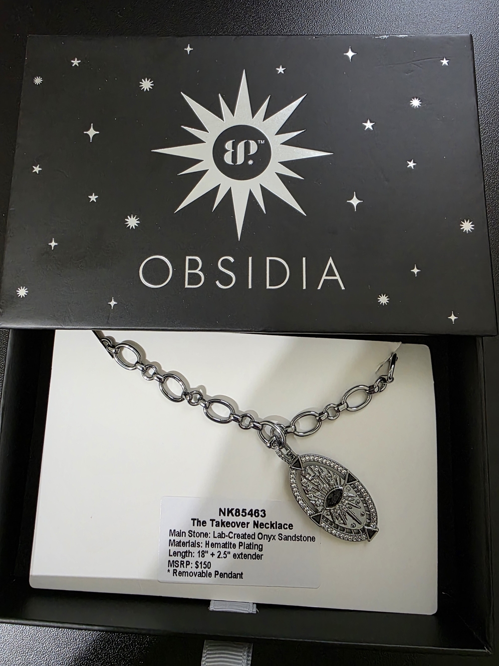 Obsidia Takeover Hematite-Style Chain Necklace with Black Onyx Pendant